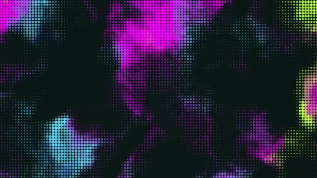 Abstract digital glitch art background with vibrant neon purple blue and green pixelated smoke patterns and noise