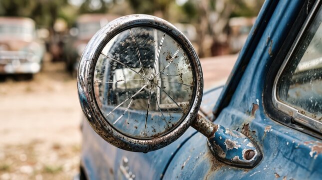 Close up of broken side mirror on vintage blue car, cracked glass surface reflecting junkyard, rusted metal frame, abandoned vehicle parts, automotive decay and damage