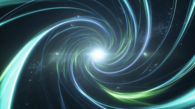 Vibrant cosmic swirl with blue and green lights spiraling through deep space