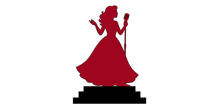 Red silhouette of a woman in a ball gown singing into a vintage microphone on steps