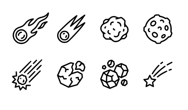 Comet asteroid and meteorite vector icon set featuring shooting meteors rocky space objects cosmic symbols for astronomy designs