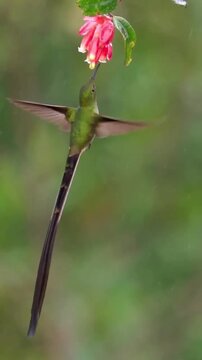 Long tailed hummingbird hovering in flight and feeding on pink wildflower nectar in tropical forest