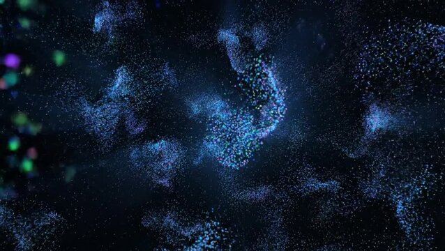 Abstract blue and purple glowing particles forming a cosmic or microscopic cloud pattern.