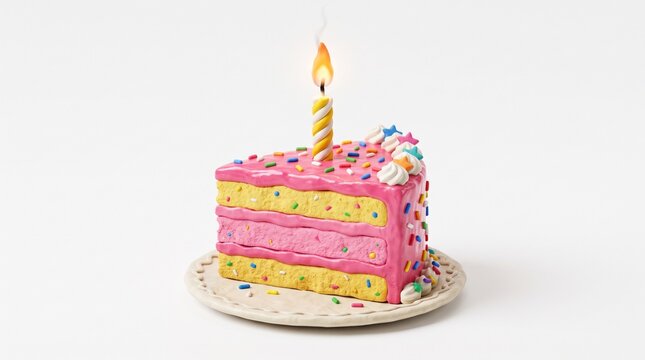 A 3D clay-style slice of birthday cake with pink icing, colorful sprinkles, and a lit spiral candle on a plate.