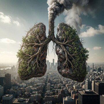 Giant lungs made of stone and green trees float above city skyline. Smoke billows from one lung, symbolizing air pollution and ecological damage. Nature struggles against urban sprawl.