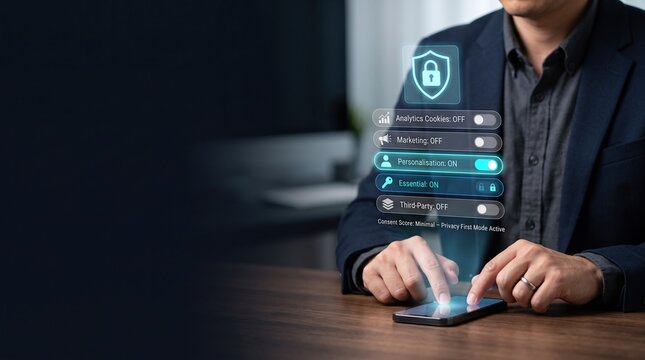 Consent management concept with smartphone and holographic privacy settings, cookie permissions and glowing security interface in dark business technology scene with clean copy space