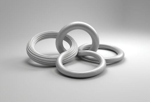 Abstract set of three interlocking silver metallic rings on a smooth gray background