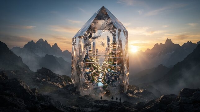 Futuristic crystal city in mountain landscape, glass skyscraper at sunset, ethereal fantasy architecture in rocky valley