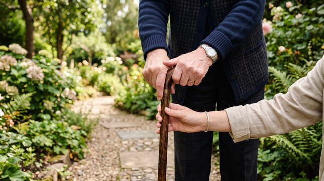 Close up of elderly man holding cane with assistance from younger person, senior care and support concept