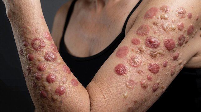 Person with pemphigus vulgaris skin condition shows lesions and blisters on arms. Close up view of inflamed dermal rashes, showing medical skin issue diagnosis and pain.