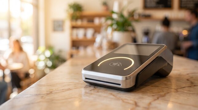 Modern POS payment terminal on a marble counter, sleek contactless card reader for secure transactions, contemporary retail technology for small businesses and cafes