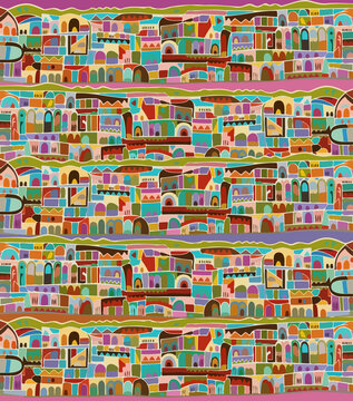 Colorful seamless Moroccan architecture pattern with vibrant geometric buildings, arches, doors and decorative facades, ideal for textiles, wallpaper, packaging, stationery and home decor.