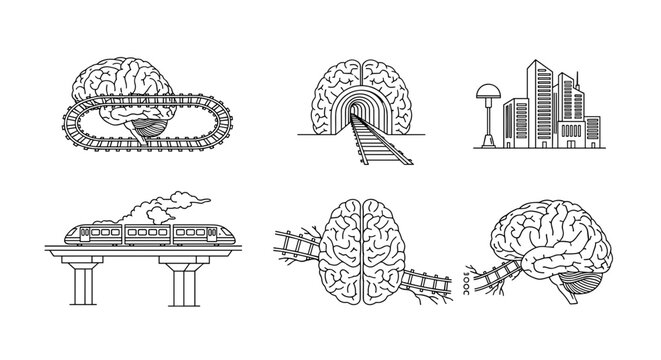 Human brains linked to trains and transport infrastructure.