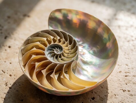 Nautilus shell cut in half shows internal chambers, golden spiral pattern. Iridescent pearlescent surface reflects colorful light on beige stone. Natural macro view of sea mollusk shell structure on