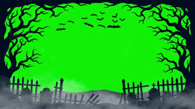 Spooky Halloween graveyard with flying bats on a green screen background