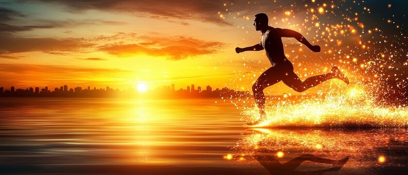 Golden Sunset Run: Dynamic Silhouette with Energy Splash over Water