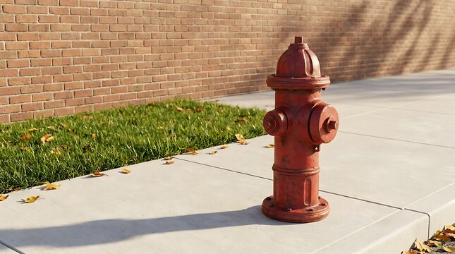 Bright red fire hydrant on a sunny urban sidewalk, accompanied by green grass and a brick wall, symbolizing essential city safety infrastructure