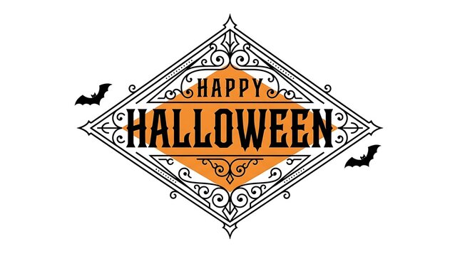 Elegant happy halloween typographic design with ornate frame and flying bats illustration