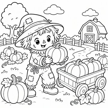 Happy Scarecrow Harvest: A charming scarecrow dressed in patched overalls and a wide-brimmed hat holds a ripe pumpkin, surrounded by a bountiful harvest of pumpkins in a quaint farm setting.