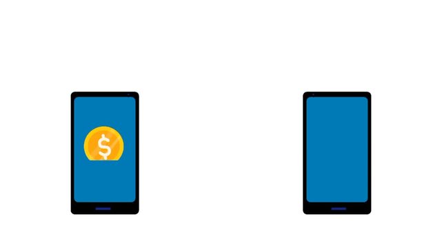 Fast money transfer concept showing gold currency moving between two smartphones, representing digital payments, mobile banking, financial transactions, and convenient electronic transfers.