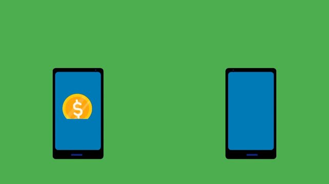 Fast money transfer concept showing gold currency moving between two smartphones, representing digital payments, mobile banking, financial transactions, and convenient electronic transfers.