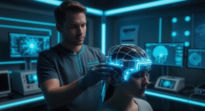 Scientist applies advanced neural interface headset to patient in futuristic laboratory with glowing blue lights and monitors displaying brain scans.