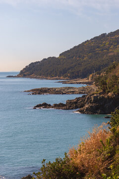 Scenic layered coastal landscape with rocky headlands, forested hills, and blue sea in South Korea