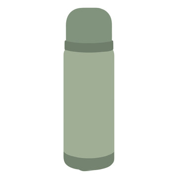 Hand-traced vector illustration of a sage green thermos flask with rounded cap, minimal flat design beverage container icon isolated on white background, hand-drawn style