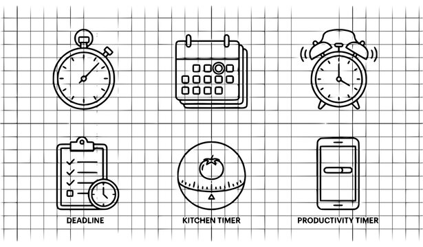 Set of hand drawn time management and productivity icons on a grid background for business and planning projects