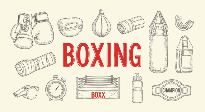 Boxing Sport Equipment and Accessories Illustration.
