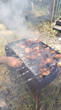 Barbecue on the fire. Delicious shashlik meat grilling on skewers over hot coals. Grilled shish kebab. Barbecue in the smoke