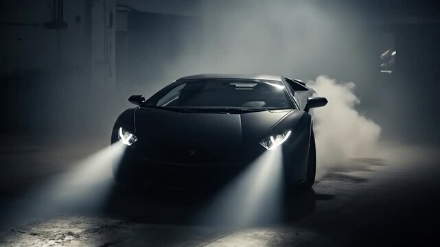 Sleek Black Lamborghini Aventador Drifting Through Smoky Garage.