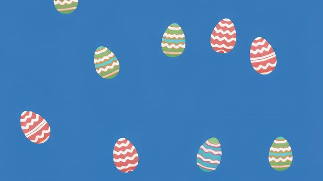 Easter eggs falling gently against a bright blue background during springtime celebrations