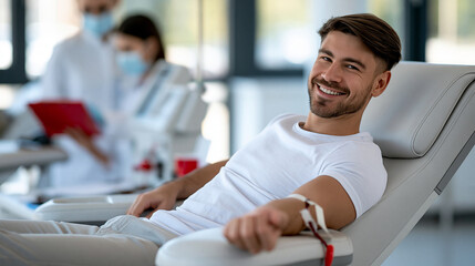 Fototapeta premium Young bearded man donating blood in a professional donor center, reclining in a comfortable chair, nurse monitoring medical equipment, blood donation campaign, healthcare