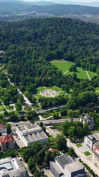 Vertical Drone Shot of Tivoli Park in Ljubljana Slovenia on Hot Summer Day