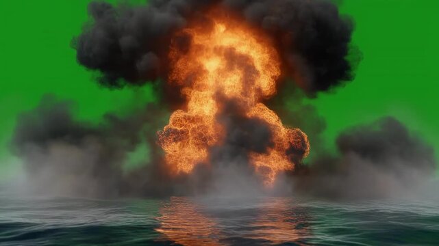 Fiery explosion erupts from ocean surface with dramatic smoke plumes during daylight