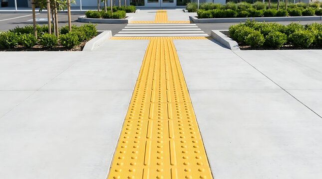 Prominent yellow tactile paving on a modern concrete urban pathway, essential infrastructure demonstrating a commitment to accessibility and inclusive design for all pedestrians