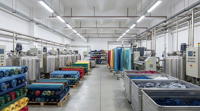 Modern textile factory interior with various dyeing machines and large rolls of colorful fabric, showcasing efficient industrial production and processing of materials