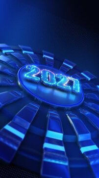 Glowing 2027 numbers stand futuristic metallic platform neon highlights sleek abstract depth. 19 intros, digital New Year videos, countdown openers, future concepts, innovation promos, modern