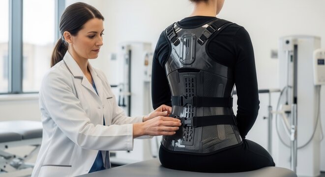 Doctor adjusting a modern spinal brace on a patient for back support and rehabilitation in a clinical setting.