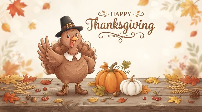 Cute cartoon turkey wearing a pilgrim hat standing on a wooden table with pumpkins and autumn harvest