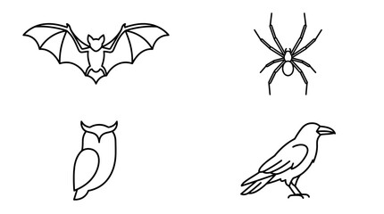 Naklejka premium Nocturnal animal icons featuring bat, owl, and raven.