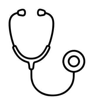 Hand-traced black vector illustration of a classic stethoscope with rounded earpieces, curved binaural tubing, and a circular chest piece, rendered as a clean minimalist line drawing icon on white