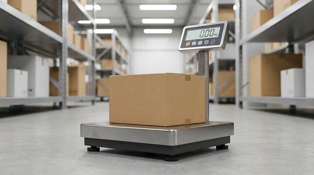 Digital scale precisely weighing a cardboard package in a modern warehouse, emphasizing the vital role of accuracy in efficient shipping, inventory management, and supply chain operations