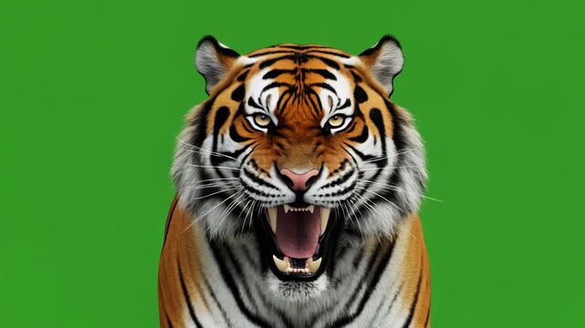 Furious Tiger Roaring with Open Mouth on Green Screen Background Cinematic Motion