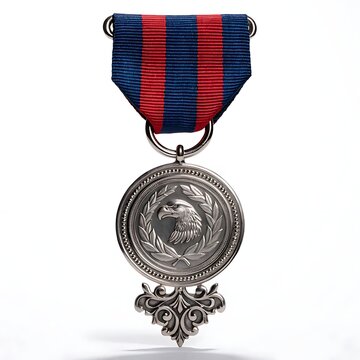 Military medal of honor featuring an eagle profile and red and blue striped ribbon isolated on a white background military decoration recognition achievement patriotism background