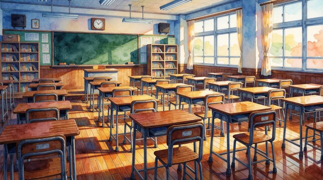Empty high school classroom with vintage wooden desks, chairs. Sunlight shines through large windows onto classroom interior. Green chalkboard, bookshelves, clock on wall in old school building.