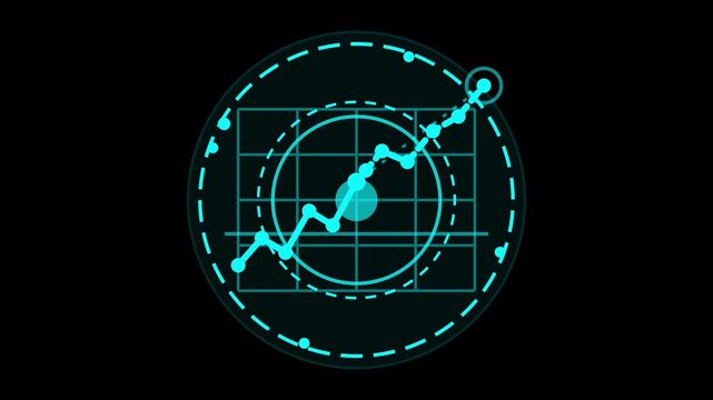 Futuristic HUD radar user interface icon with upward stock market financial growth chart and glowing cyan digital data analytics elements