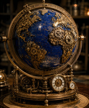 Antique ornate clock with intricate gold and lapis lazuli design in dark room
