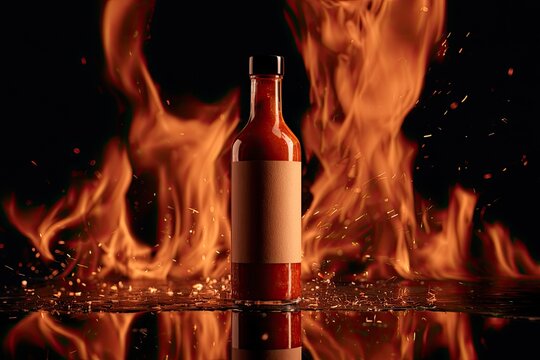 Fiery sauce bottle with flames and sparks on reflective surface